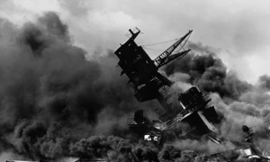 The USS Arizona (BB 39) burning after the Japanese attack on Pearl Harbor NARA 195617 Edit jpg