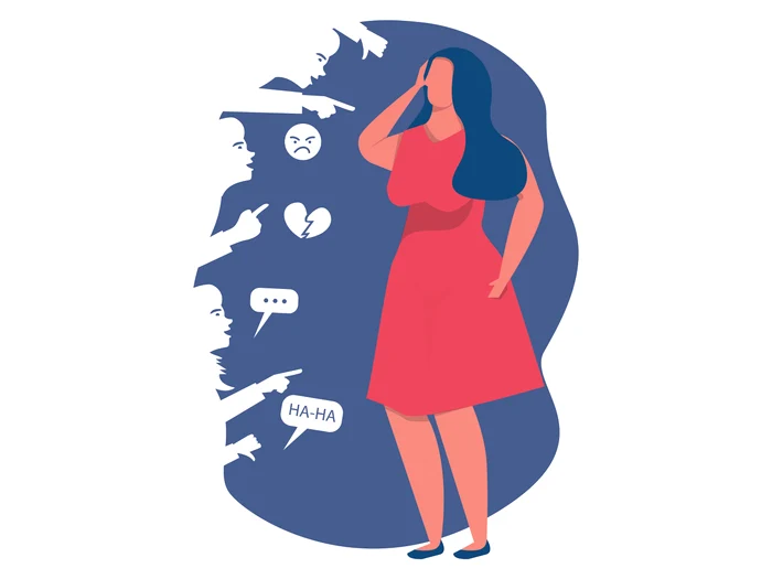 Ilustrație cu o femeie afectată de critici sociale, înconjurată de siluete care arată cu degetul