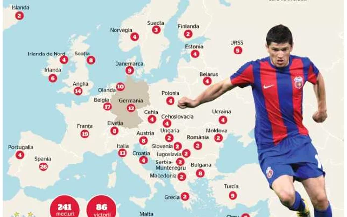 Click pe foto pentru a mări şi a vedea ţările în care a evoluat Steaua în in cei 54 de ani de prezenţă constantă în cupele europene