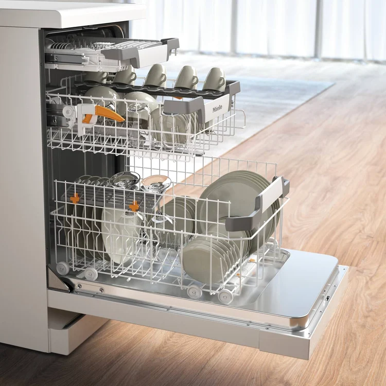 Mașină de spălat vase independentă slim plină cu vase curate Foto Appliance Centre jpg