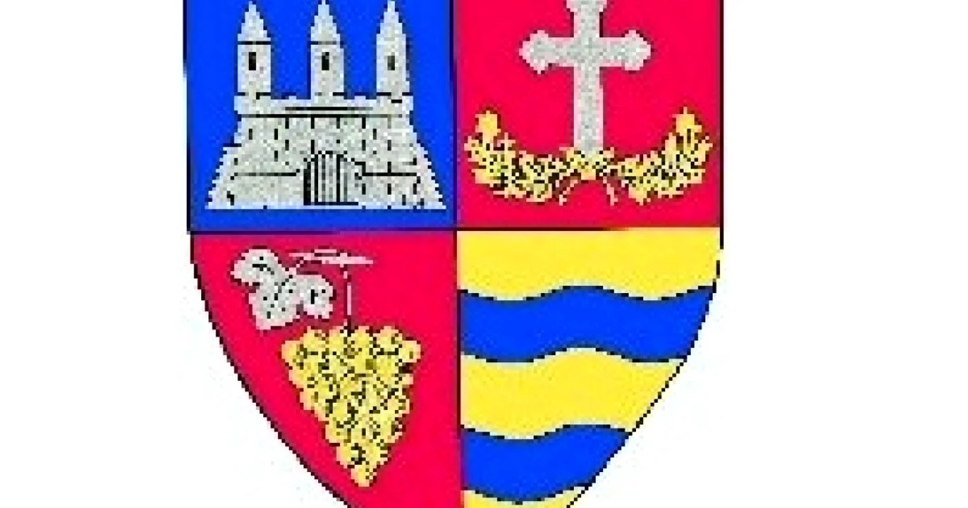 Stema judeţului Arad se compune dintr-un scut triunghiular cu marginile rotunjite, scartelat.