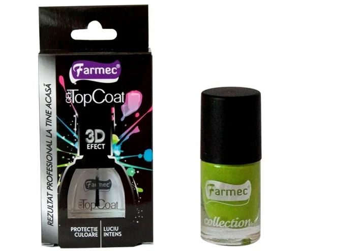 Colecţia de lacuri de unghii Farmec conţine nuanţe de sezon, de la verde-măr la corai, albastru sau portocaliu intens (preţ 4,7 lei). Deasupra e bine să aplici un top-coat cu efect 3D, care protejează oja (7,3 lei)
