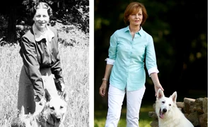 Regina Elena cu câinele lup Azo în 1943 și Custodele Coroanei Margareta cu câinele lup alb Alma în 2016   FOTO Casa Regală jpg