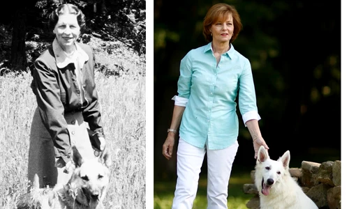 Regina Elena cu câinele lup Azo în 1943 și Custodele Coroanei Margareta cu câinele lup alb Alma în 2016   FOTO Casa Regală jpg