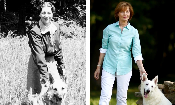 Regina Elena cu câinele lup Azo în 1943 și Custodele Coroanei Margareta cu câinele lup alb Alma în 2016   FOTO Casa Regală jpg