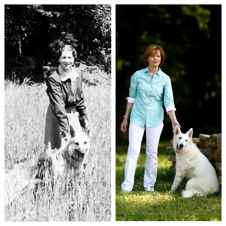Regina Elena cu câinele-lup Azo, 1943, și nepoata sa, Margareta, cu câinele-lup alb Alma, 2016