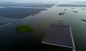 O barcă trage un grup de panouri solare care urmează să fie conectate la proiectul unei ferme solare plutitoare construit de compania de Sungrow Power Supply pe un lac în Huainan provincia Anhui China FOTO Guliver / Getty Images / Kevin Frayer