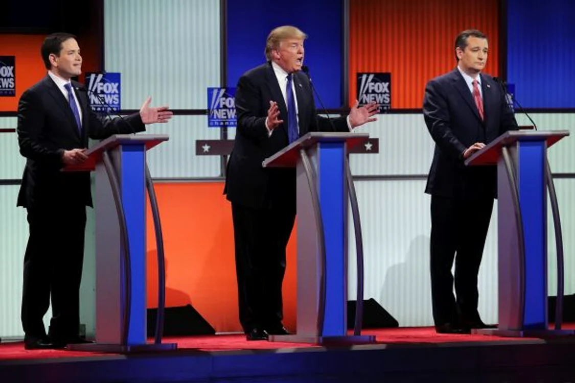 (de la stânga la dreapta) Marco Rubio, Donald Trump și Ted Cruz s-au luat la ceartă în timpul dezbaterii