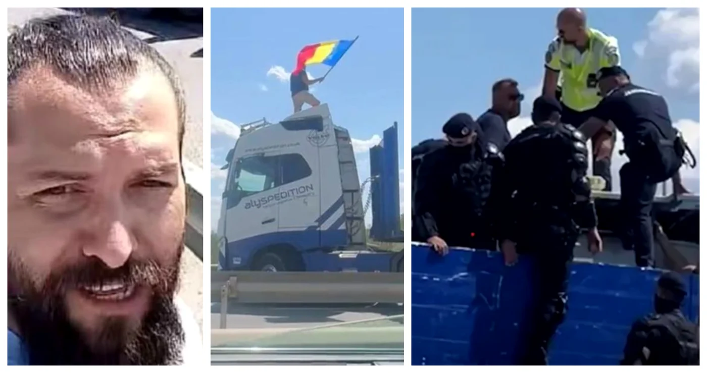Șoferul urcat pe cabină fluturând un steag a fost reținut FOTO: Captură video