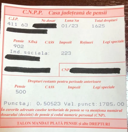 Talon de pensie / Foto: Facebook / Marius Constantin Budăi