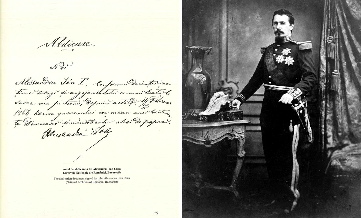 Portretul lui Cuza în mare ținută de general primar (© Colecțiile Muzeului Militar Național „Regele Ferdinand I”) și actul abdicării domnitorului (© Arhivele Naționale ale României)