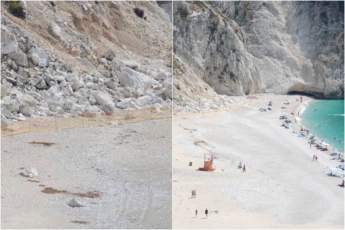 Alunecări de teren pe plaja Myrtos, Grecia. Foto: Facebook Kefalonia Focus