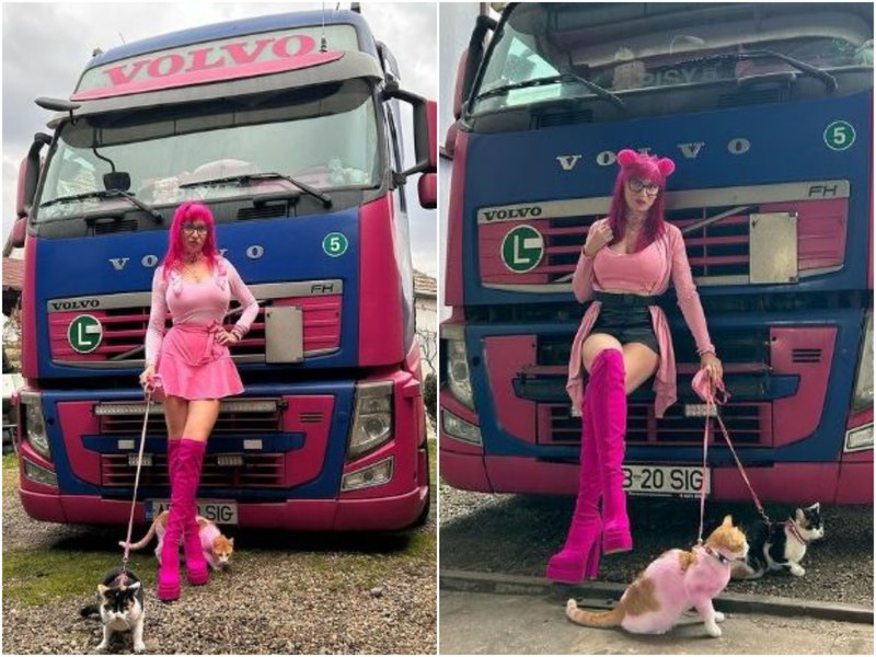 Șoferița Barbie și TIR-ul roz. Georgeta are două pisici de care este nedespărțită FOTO VIDEO