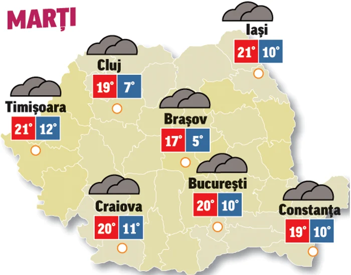 Astăzi cerul va fi mai degajat decât ieri, dar tot vor mai exista șanse de ploaie pe alocuri