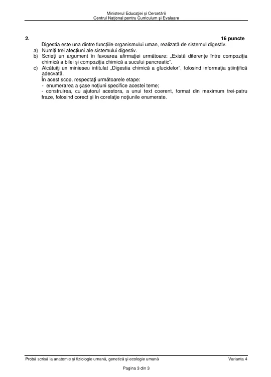 Subiectele BAC Anatomie și fiziologie umană, genetică și ecologie umană, sesiunea august 2025