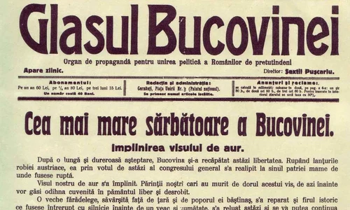 Ziarul „Glasul Bucovinei” din 29 noiembrie 1918 anunță Unirea Bucovinei cu România (© Muzeul Virtual al Unirii)