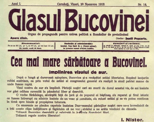 Ziarul „Glasul Bucovinei” din 29 noiembrie 1918 anunță Unirea Bucovinei cu România (© Muzeul Virtual al Unirii)