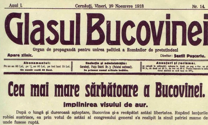 Ziarul „Glasul Bucovinei” din 29 noiembrie 1918 anunță Unirea Bucovinei cu România (© Muzeul Virtual al Unirii)