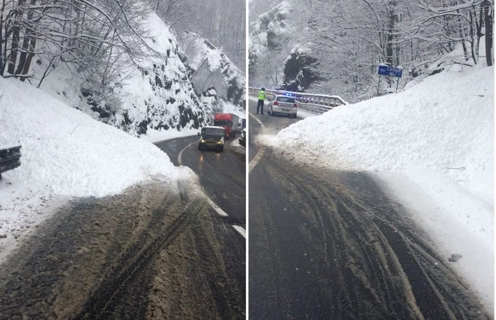 Sensul de mers Sibiu - Râmnicu Vâlcea, pe DN 7, Valea Oltului, avalanşă de zăpadă pe carosbil, Foto: IPJ Vâlcea