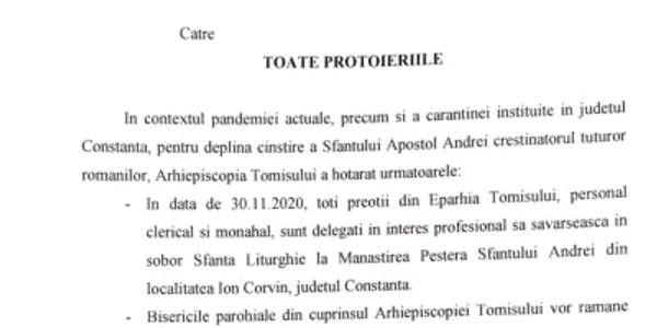 Document Arhiepiscopia Tomisului obliga preotii sa mearga la Pestera