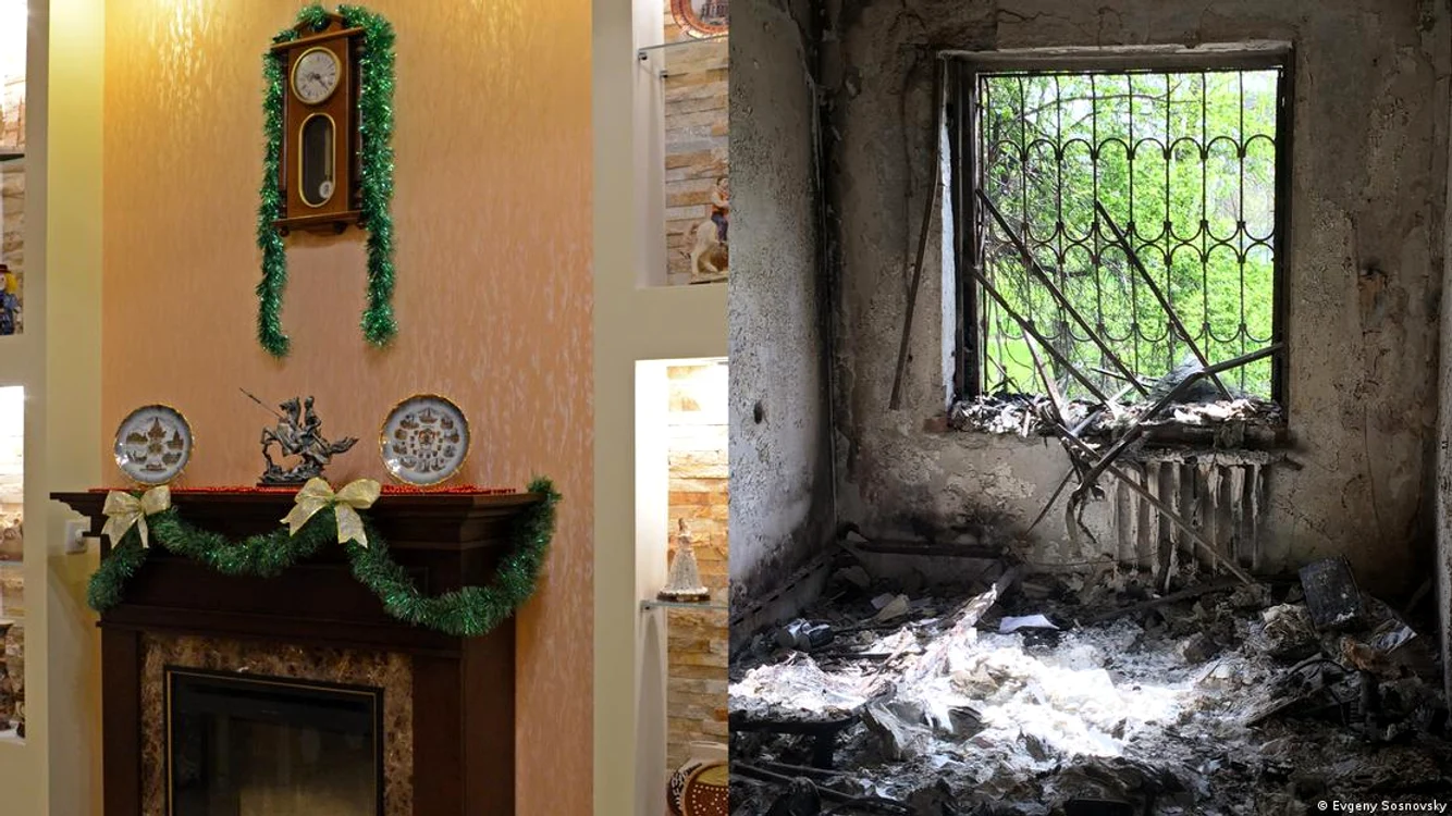 Apartamentul lui Ievhen Sosnovski înainte și după bombardamentul rusesc