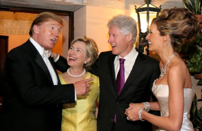 Bill şi Hillary Clinton (centru), invitaţi de onoare la nunta lui Donald (stânga) şi Melania (dreapta) Trump FOTO pinterest.com