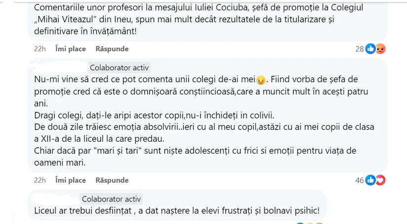 Profesorii se plasează în două tabere, în urma discursului Iuliei FOTO: FB/Grup profesori