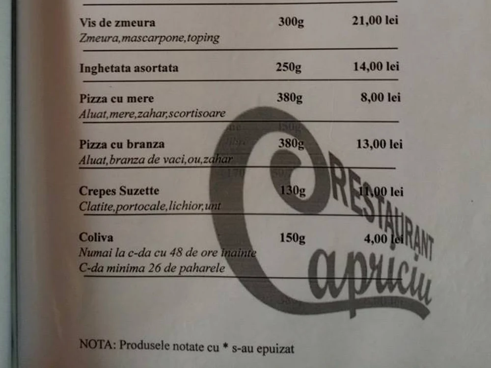 Restaurantul Capriciu din Suceava a inclus coliva pe lista de deserturi