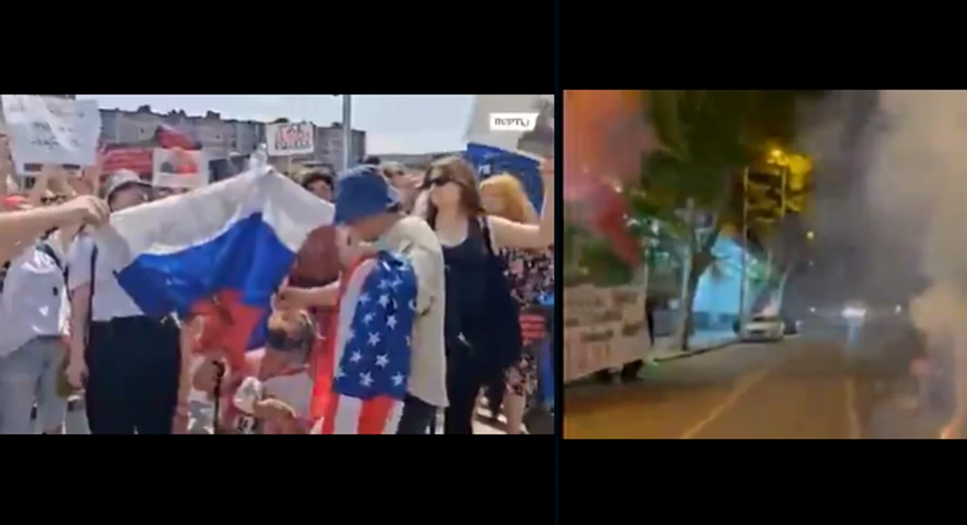 Protestatarii au dat foc steagului Rusiei. FOTO captură video X