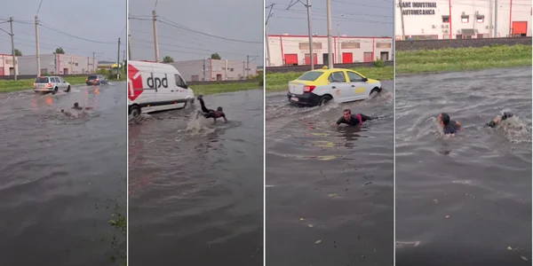 Tânăr din Mediaș înotând pe mijlocul unei străzi inundate printre mașini Colaj capturi video jpg