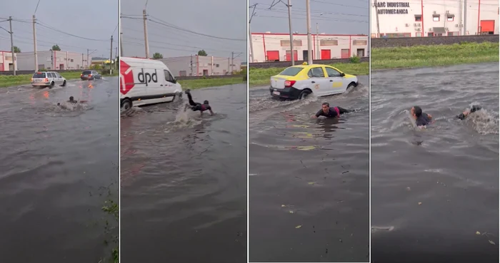 Tânăr din Mediaș înotând pe mijlocul unei străzi inundate printre mașini Colaj capturi video