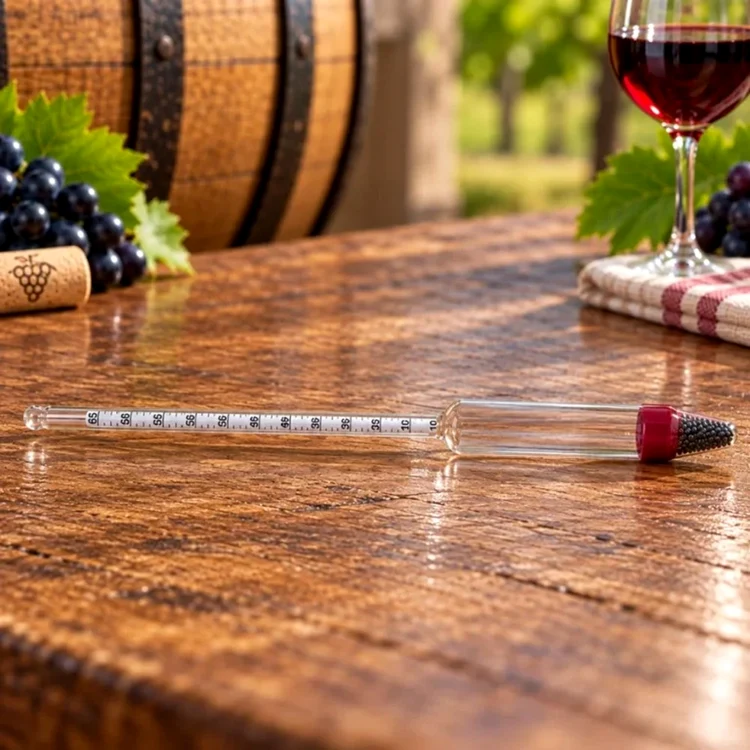 Alcoolmetru cu termometru pentru măsurarea parametrilor vinului, lângă struguri, vin și un butoi