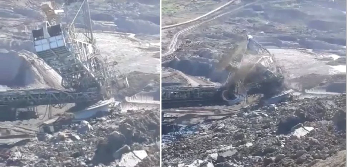 Momentul prăbuşirii utilajului gigant de la Exploatarea Minieră Berbeşti - Vâlcea Foto colaj captură video