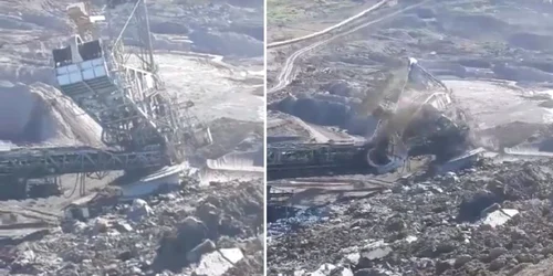 Momentul prăbuşirii utilajului gigant de la Exploatarea Minieră Berbeşti - Vâlcea Foto colaj captură video 