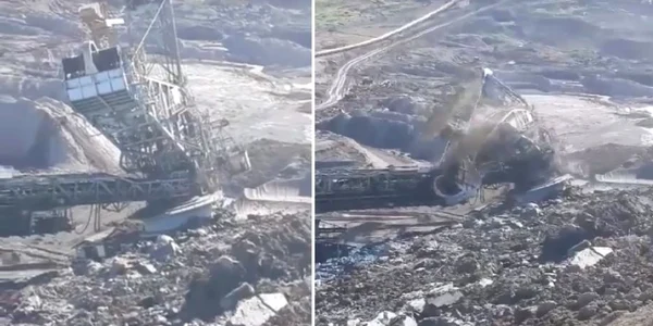 Momentul prăbuşirii utilajului gigant de la Exploatarea Minieră Berbeşti - Vâlcea Foto colaj captură video