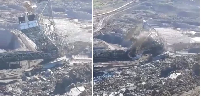 Momentul prăbuşirii utilajului gigant de la Exploatarea Minieră Berbeşti - Vâlcea Foto colaj captură video