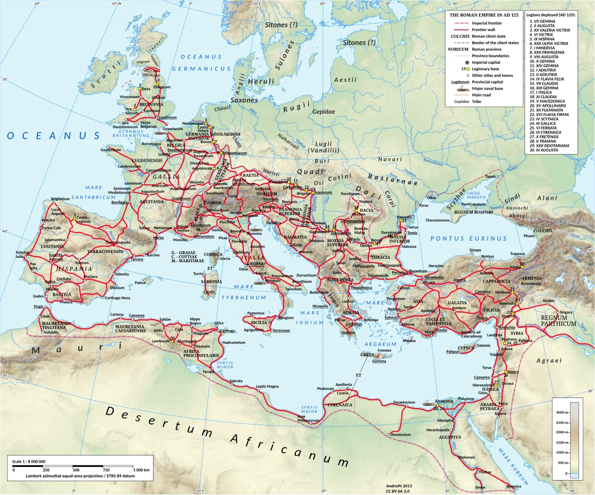 Principalele drumuri ale Imperiului Roman în timpul domniei lui Hadrian (117–138 d.Hr.). (© Wikimedia Commons)