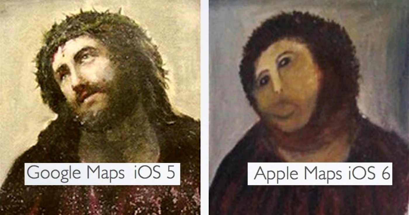 O comparaţie făcută de un utilizator între Google Maps şi Apple Maps.
