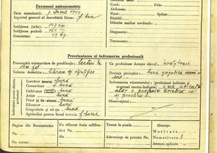 Date despre orientarea profesională a elevei FOTO Arhivele Naționale