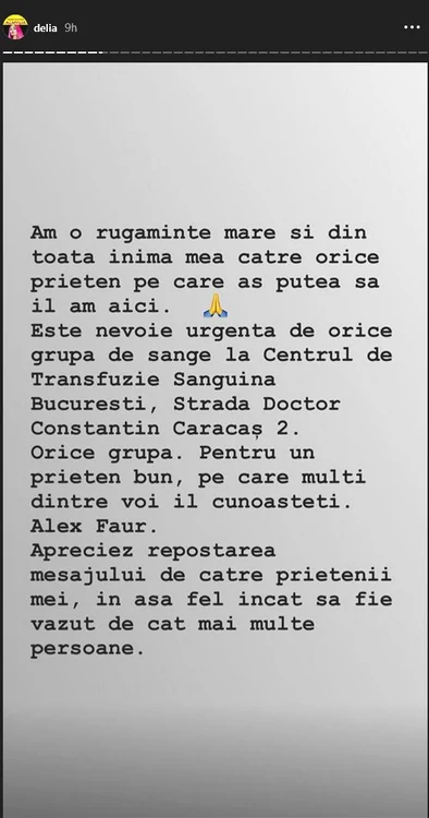 Mesajul publicat de Delia pe Instagram 