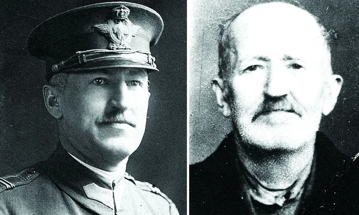 Locotenent-colonelul Nicolae Dăscălescu, în 1923 (stânga); generalul Nicolae Dăscălescu, la ieșirea din Penitenciarul Jilava, în 1955 (dreapta) 