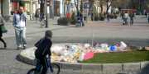 Trecătorii de pe pietonal au privit curioşi rondourile cu deşeuri 