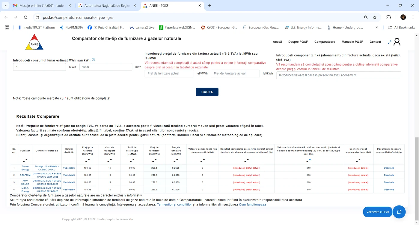 Print screen cu ofertele furnizorilor de pe site-ul ANRE