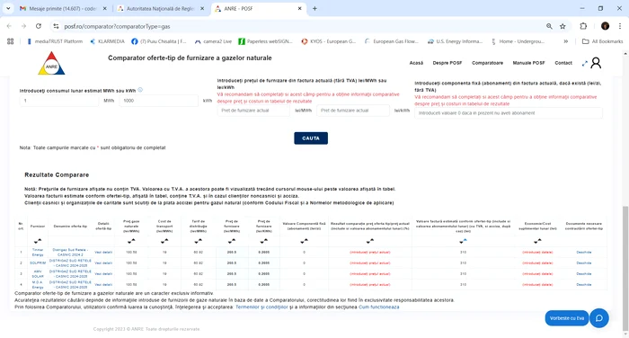 Print screen cu ofertele furnizorilor de pe site-ul ANRE