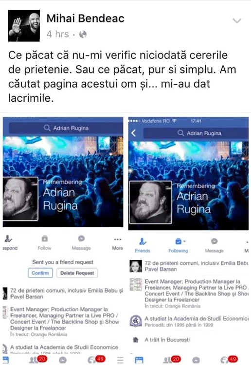 Adrian Rugină îi trimisese lui Bendeac (32 de ani) o cerere de prietenie