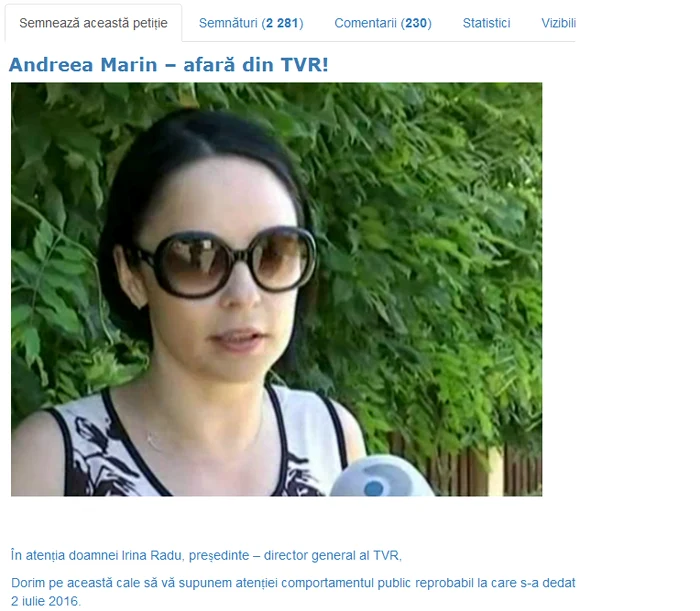 Peste 2.200 de persoane au semnat deja petiția împotriva apariției Andreei Marin la TVR
