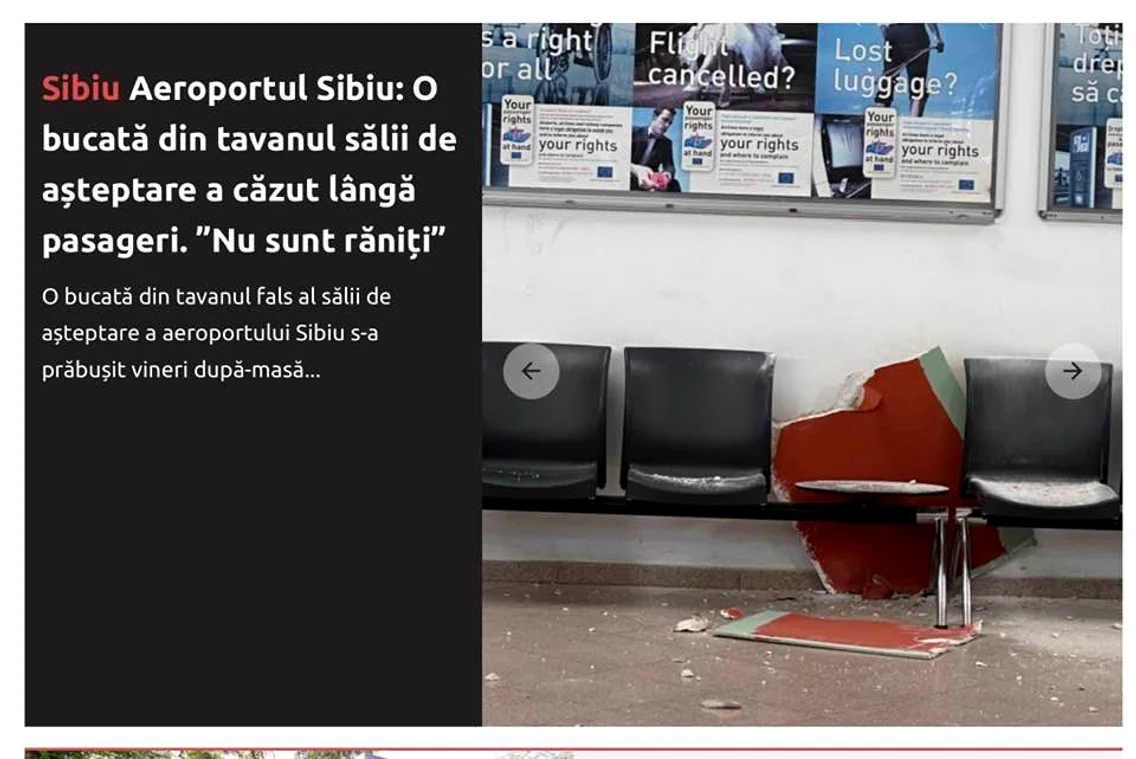 Imagine cu tavanul căzut în Aeroportul Internațional Sibiu Foto Ovidiu Gheorghe Serbu