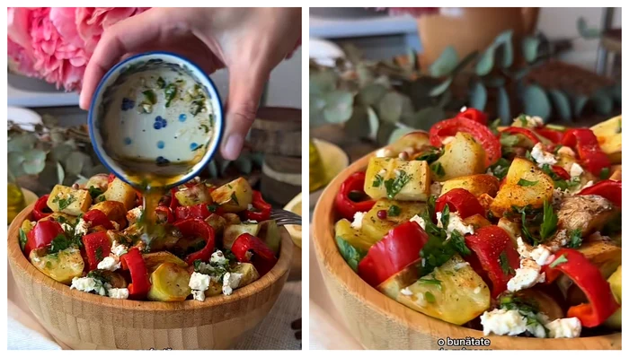 Salată de cartofi cu ardei și brânză feta / FOTO: Colaj captură video TikTok