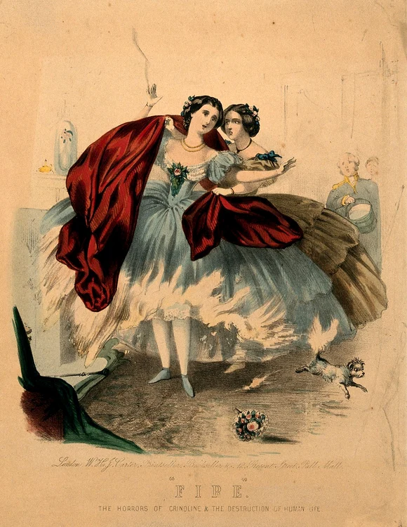 O rochie cu crinolină în flăcări. Desen din 1860 (© Wellcome Collection / Wikimedia Commons)