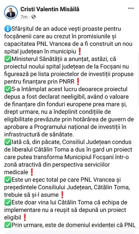 Postarea pe care primarul Misăilă a șters-o ulterior